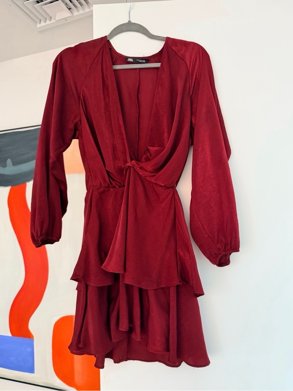 Zara Burgundy Long-Sleeve Wrap Tiered Mini Dress
